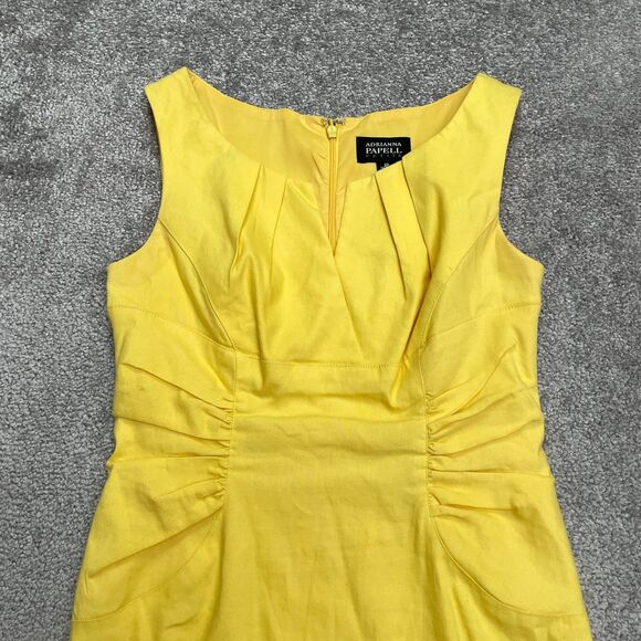 Adrianna Papell Linen Blend Ruched Sheath Midi Dress Womens Petite 2 Yellow Work - Picture 4 of 16